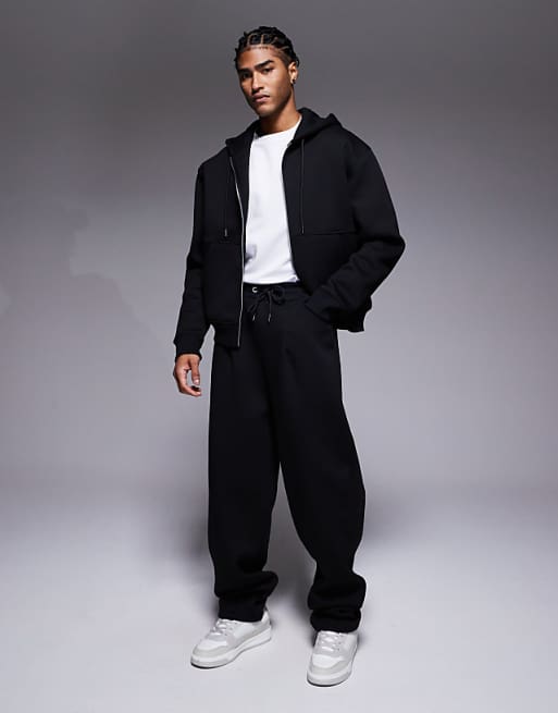DESIGN heavyweight wide leg joggers with dart details in scuba-style fabric in black