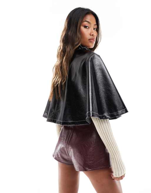 DESIGN High Shine Leather Look Cape Jacket In Black