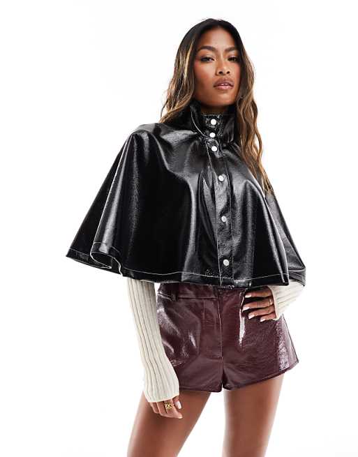 DESIGN high shine leather look cape jacket in black