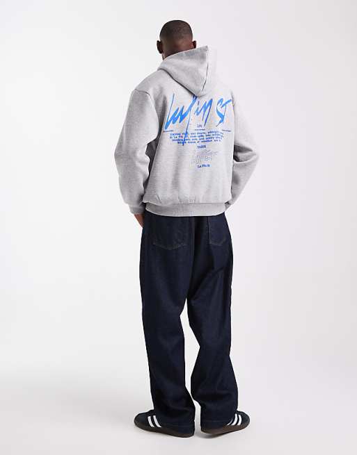 DESIGN Hoodie With Text Print In Grey Marl