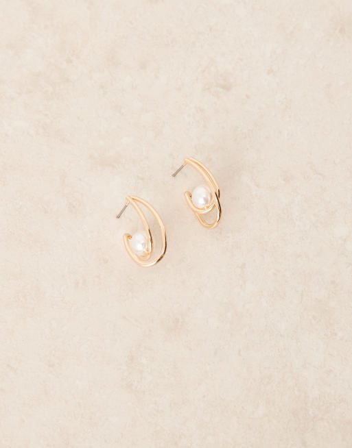 DESIGN Hoop Earrings With Double-loop Design And Faux Pearls In Gold Tone