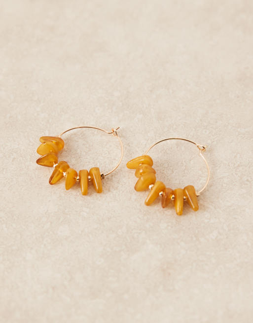 DESIGN Hoop Earrings With Faux Amber Stone Chippings In Gold Tone