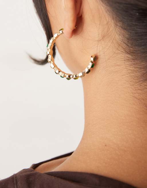 DESIGN Hoop Earrings With Faux Semi-precious Stone Set Design In Green