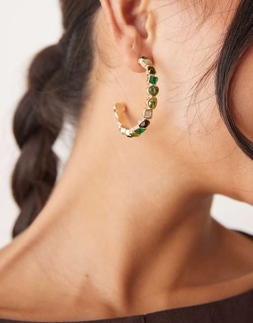 DESIGN hoop earrings with faux semi-precious stone set design in green
