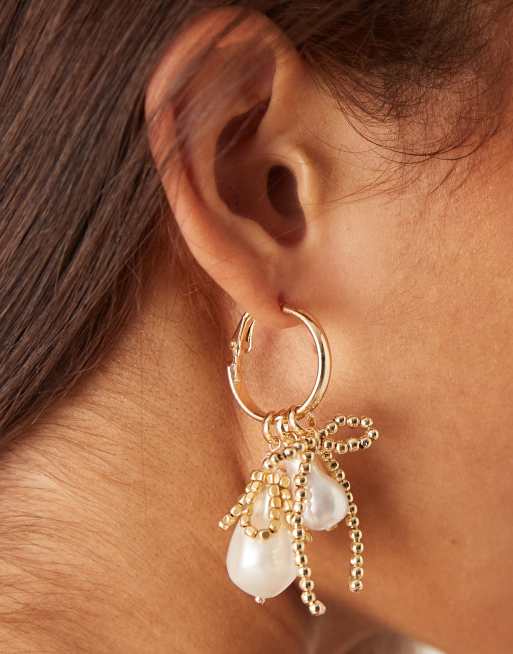 DESIGN Hoop Earrings With Gold Tone Tassels And Faux Pearl Drops