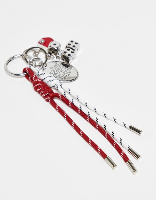 DESIGN Keyring Bag Charm In Red Cord With Table Tennis Charm In Multi