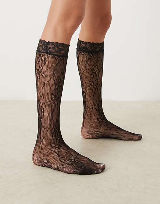 DESIGN knee high lace socks in black