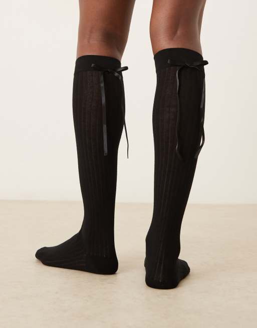 DESIGN Knee High Socks In Black With Ribbon