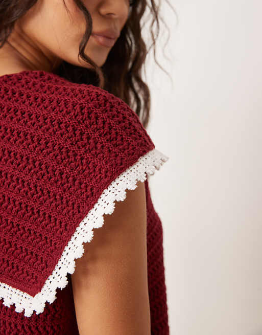 DESIGN Knitted Clean Tie Front Waistcoat With Collar Detail In Cherry