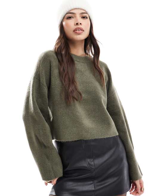 DESIGN Knitted Crew Neck Boxy Jumper With Wide Cuff & A Line Maxi Skirt Co-ord In Khaki