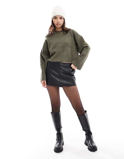 DESIGN knitted crew neck boxy jumper with wide cuff & a line maxi skirt co-ord in khaki