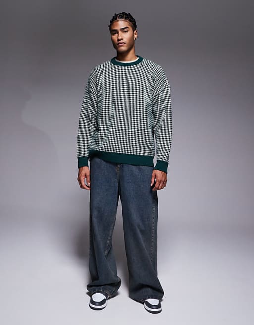 DESIGN Knitted Crew Neck Stripe Jumper In Green