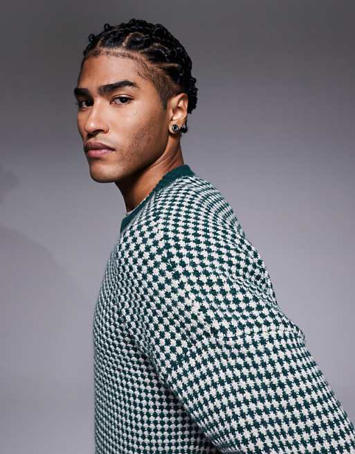 DESIGN Knitted Crew Neck Stripe Jumper In Green