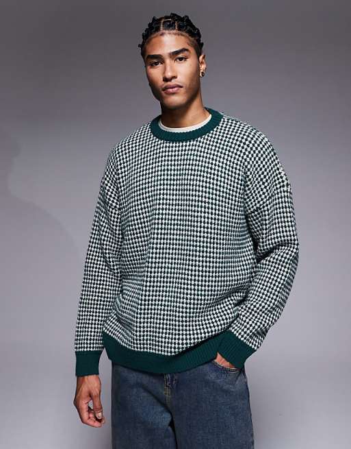 DESIGN knitted crew neck stripe jumper in green