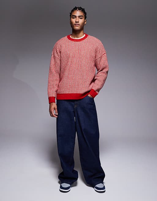 DESIGN Knitted Crew Neck Stripe Jumper In Red