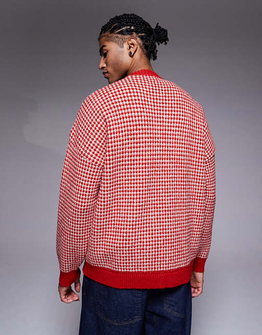 DESIGN Knitted Crew Neck Stripe Jumper In Red