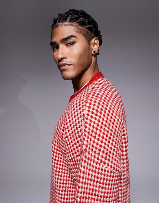 DESIGN Knitted Crew Neck Stripe Jumper In Red