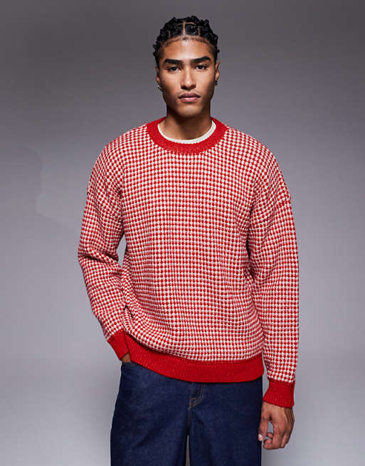 DESIGN knitted crew neck stripe jumper in red