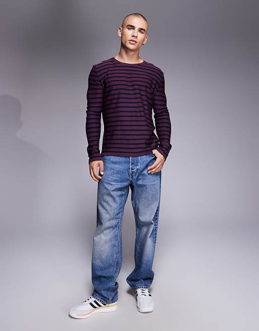 DESIGN Knitted Crew Neck T-shirt In Red And Navy Stripe