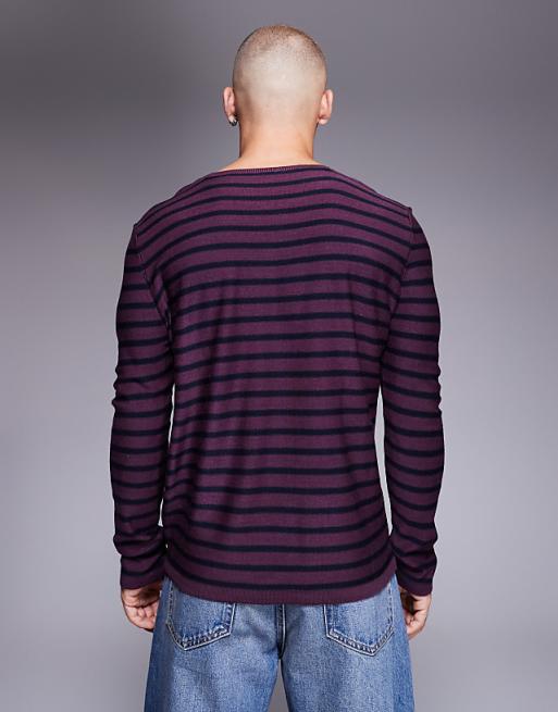 DESIGN Knitted Crew Neck T-shirt In Red And Navy Stripe