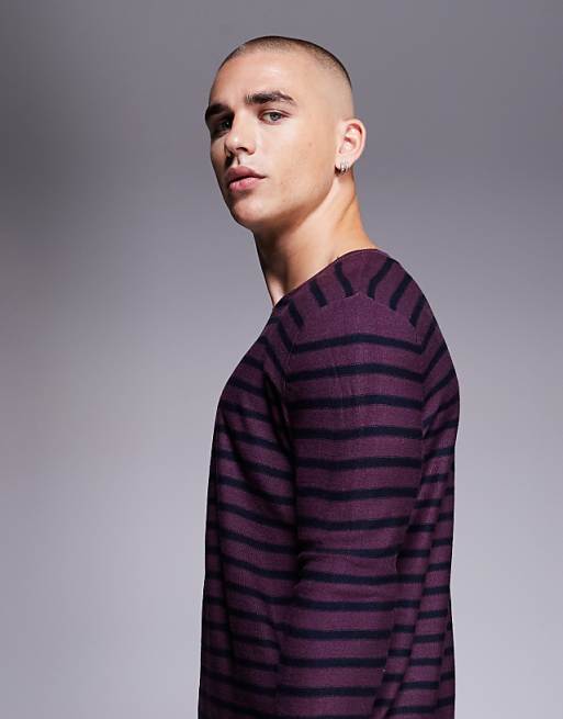 DESIGN Knitted Crew Neck T-shirt In Red And Navy Stripe
