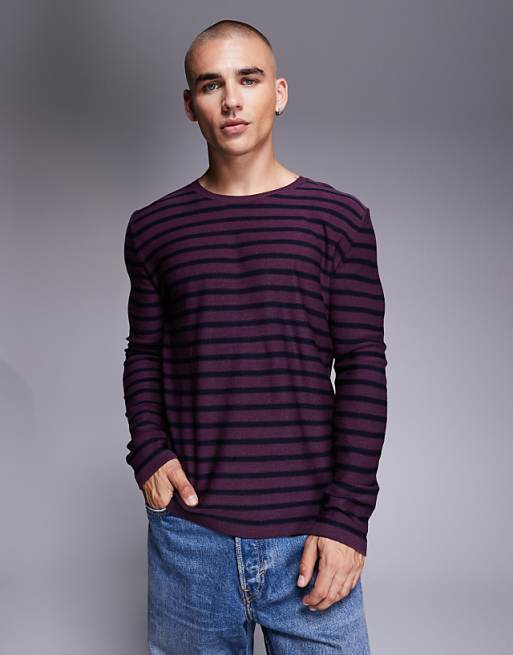 DESIGN knitted crew neck t-shirt in red and navy stripe
