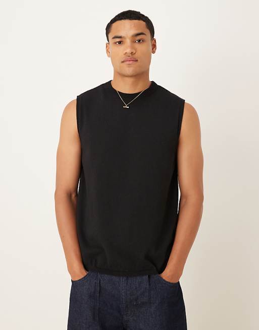 DESIGN knitted crew neck vest in black