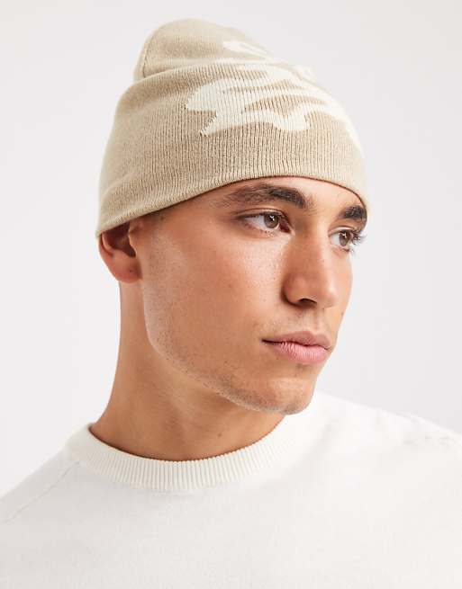 DESIGN knitted graffiti graphic skull beanie in neutral