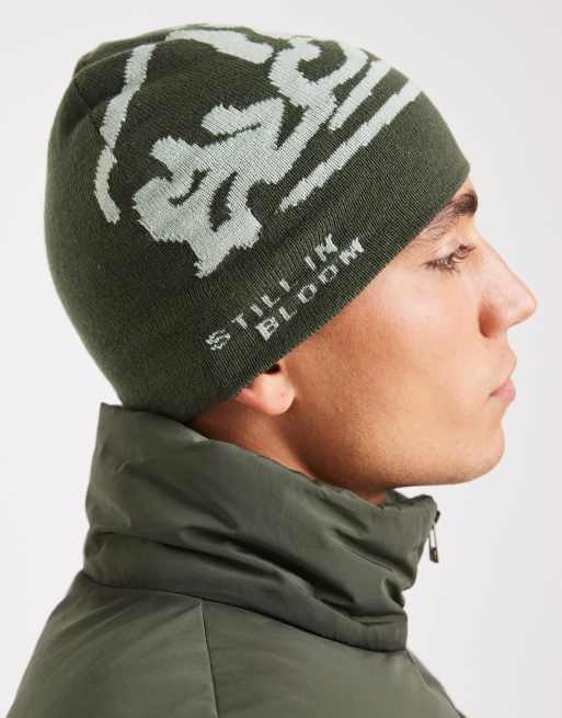 DESIGN Knitted Graphic Skull Beanie In Khaki Green