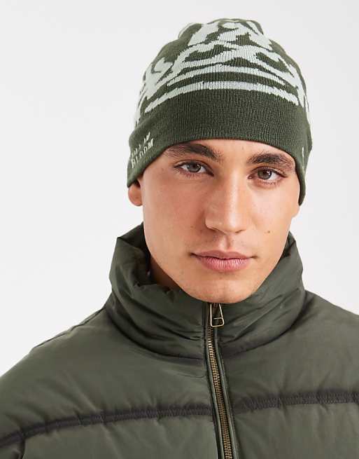 DESIGN knitted graphic skull beanie in khaki green
