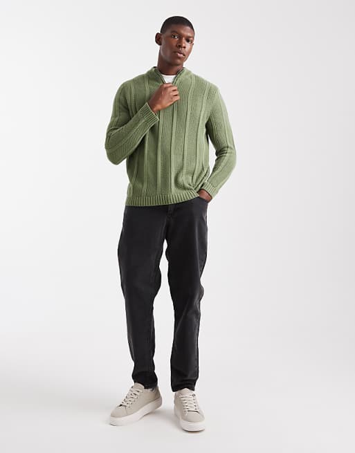 DESIGN Knitted Half Zip Funnel Neck Jumper In Khaki Stripe