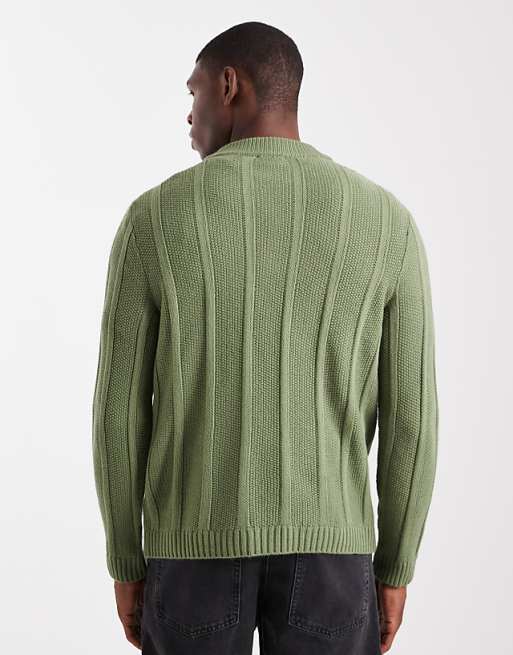 DESIGN Knitted Half Zip Funnel Neck Jumper In Khaki Stripe