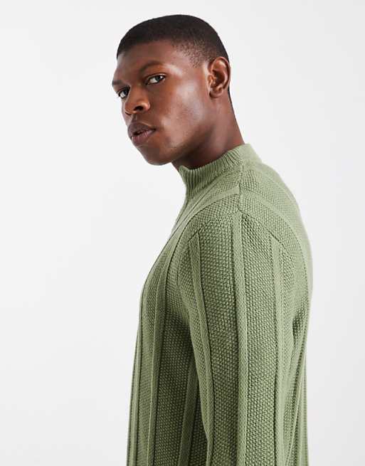 DESIGN Knitted Half Zip Funnel Neck Jumper In Khaki Stripe