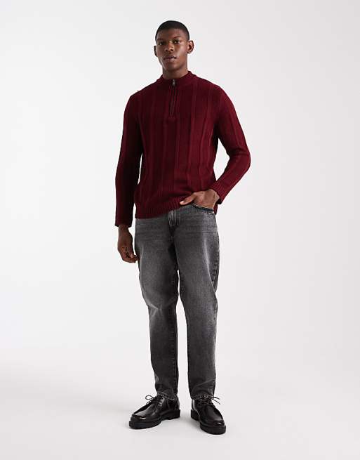 DESIGN Knitted Half Zip Funnel Neck Jumper In Burgundy Stripe