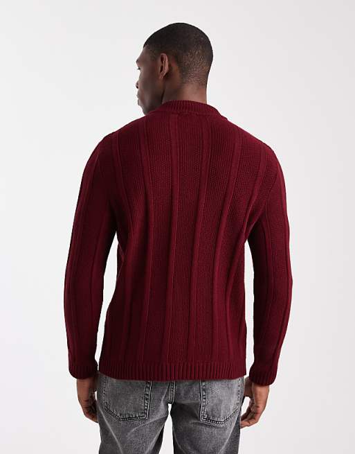 DESIGN Knitted Half Zip Funnel Neck Jumper In Burgundy Stripe