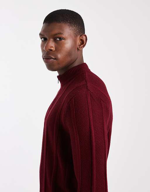 DESIGN Knitted Half Zip Funnel Neck Jumper In Burgundy Stripe