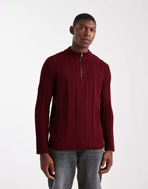 DESIGN knitted half zip funnel neck jumper in burgundy stripe