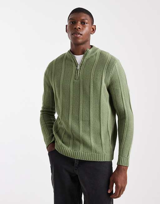DESIGN knitted half zip funnel neck jumper in khaki stripe