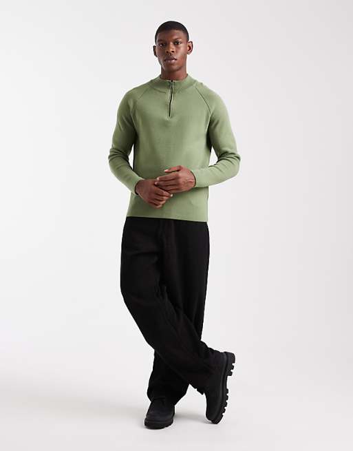 DESIGN Knitted Half Zip Jumper In Green