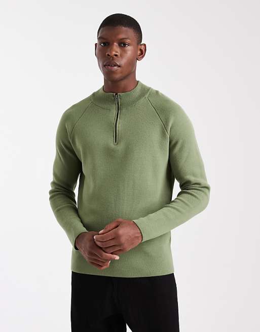 DESIGN Knitted Half Zip Jumper In Green