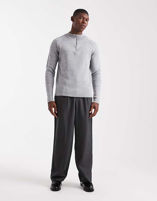 DESIGN Knitted Half Zip Jumper In Grey
