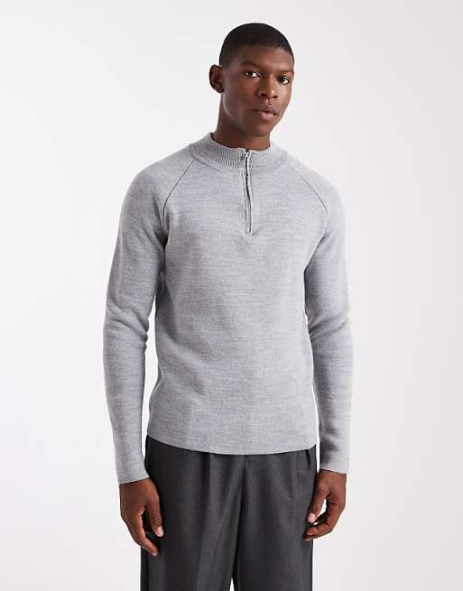 DESIGN Knitted Half Zip Jumper In Grey