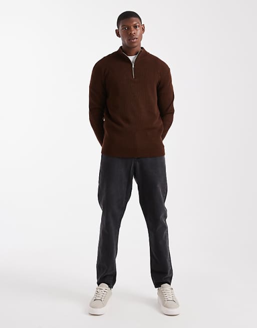 DESIGN Knitted Half Zip Ribbed Jumper In Brown