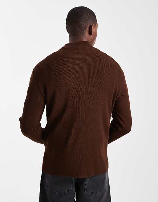 DESIGN Knitted Half Zip Ribbed Jumper In Brown