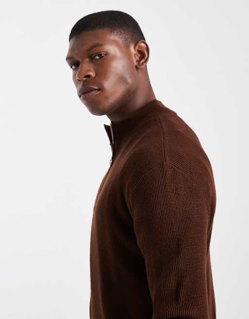 DESIGN Knitted Half Zip Ribbed Jumper In Brown