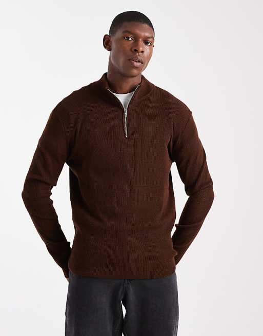 DESIGN knitted half zip ribbed jumper in brown