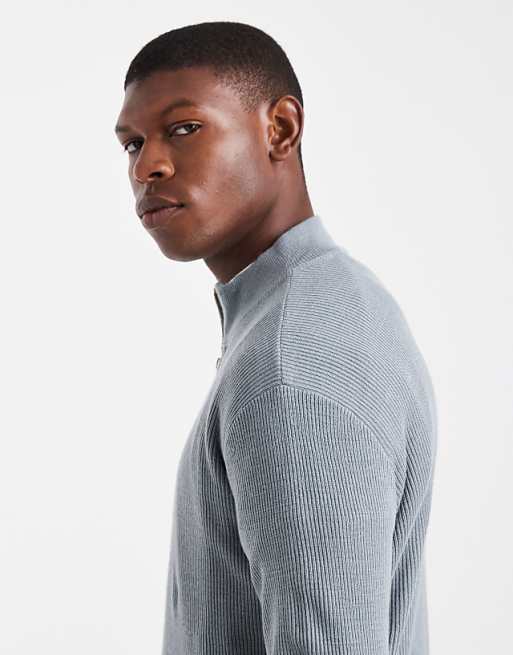 DESIGN Knitted Half Zip Ribbed Jumper In Grey