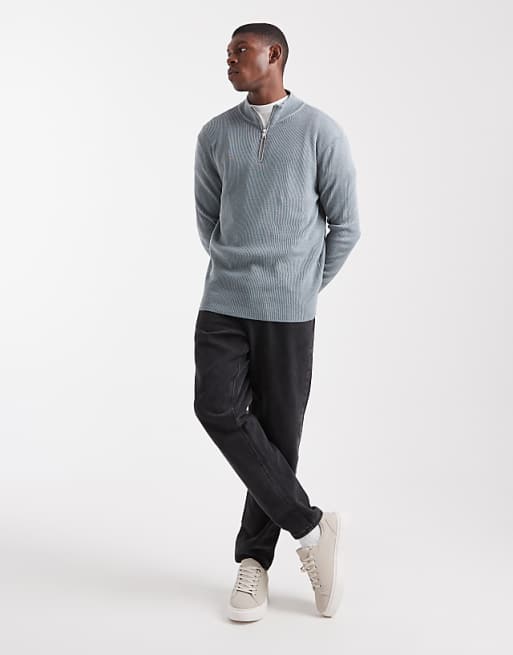 DESIGN Knitted Half Zip Ribbed Jumper In Grey