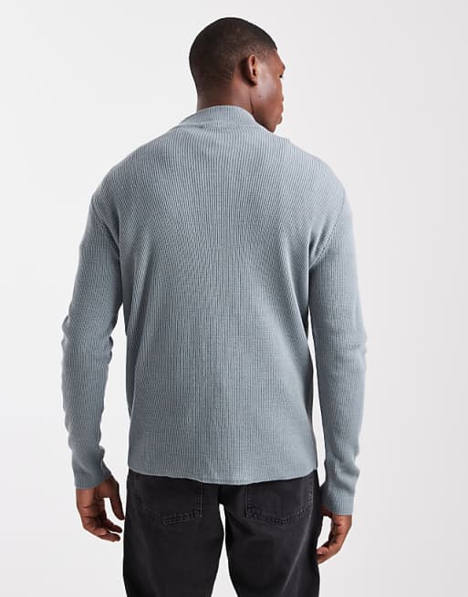 DESIGN Knitted Half Zip Ribbed Jumper In Grey