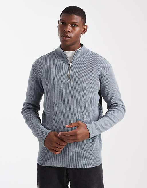 DESIGN knitted half zip ribbed jumper in grey
